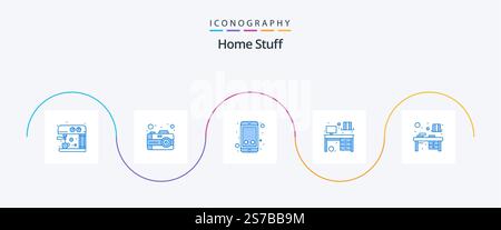 Home Stuff Blue 5 Icon Pack Including study. table. mobile. screen. interior Stock Vector