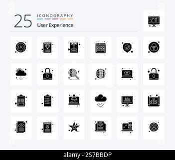 User Experience 25 Solid Glyph icon pack including antivirus. ux. document. user. experience Stock Vector