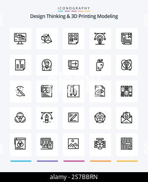 Creative Design Thinking And D Printing Modeling 25 OutLine icon pack  Such As text. educat. cons. idea. bulb Stock Vector