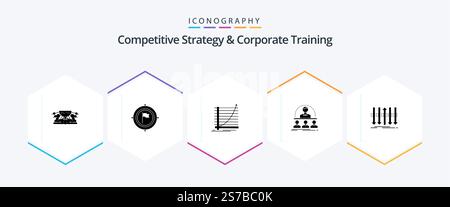 Competitive Strategy And Corporate Training 25 Glyph icon pack including course. business. flag. goal. curve Stock Vector