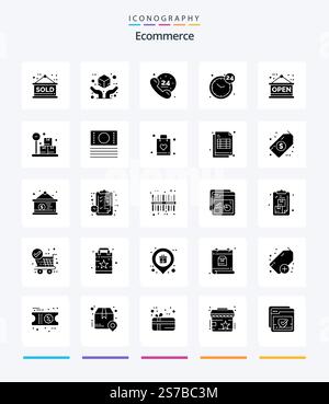 Creative Ecommerce 25 Glyph Solid Black icon pack  Such As board. open. hours. hours. Stock Vector