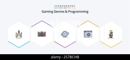 Gaming Genres And Programming 25 FilledLine icon pack including coding. api. fortress. time. clockwise Stock Vector
