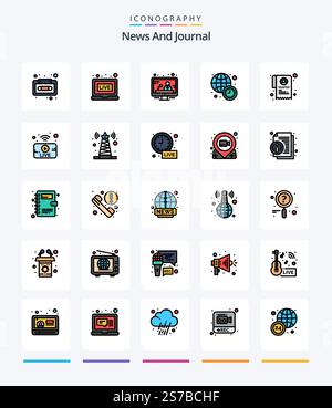 Creative News 25 Line FIlled icon pack  Such As utube. state. media. institution. time Stock Vector