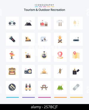 Creative Tourism And Outdoor Recreation 25 Flat icon pack  Such As fish. tool. tea. lumberjack. axe Stock Vector