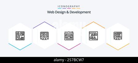 Web Design And Development 25 Line icon pack including user . web . video . web Stock Vector