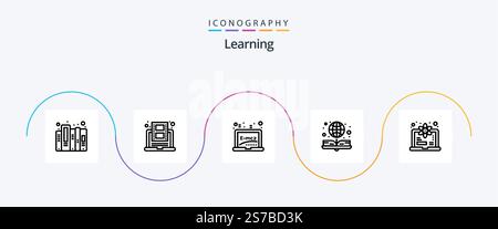 Learning Line 5 Icon Pack Including computer. globe. youtube. e book. formula Stock Vector