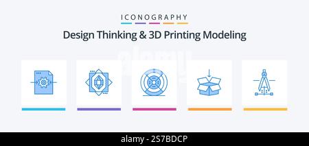 Design Thinking And D Printing Modeling Blue 5 Icon Pack Including drawing. education. film. shepping . box. Creative Icons Design Stock Vector