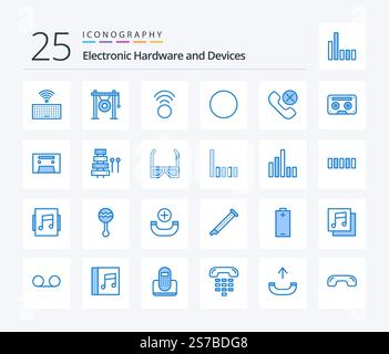 Devices 25 Blue Color icon pack including audio. remove. connection. phone. contact Stock Vector