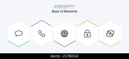 Basic Ui Elements 25 Line icon pack including reload. login. world. locked. lock Stock Vector