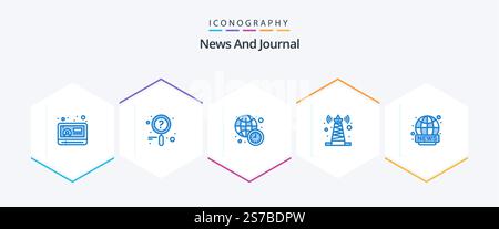 News 25 Blue icon pack including live. world wide. international. satellite. technology Stock Vector