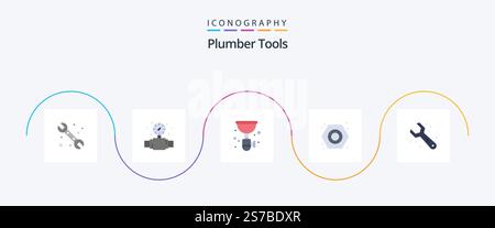 Plumber Flat 5 Icon Pack Including adjustable. plumber. pipe. nut. siphon Stock Vector