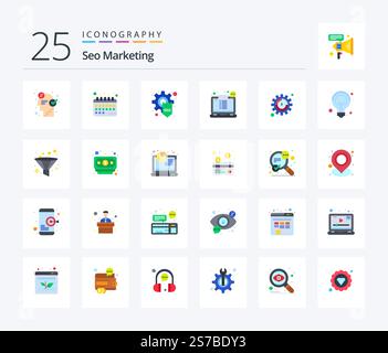Seo Marketing 25 Flat Color icon pack including ticket. receipt. schedule. checkout. gear Stock Vector