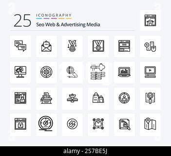 Seo Web And Advertising Media 25 Line icon pack including data. website. letter. trophy. star Stock Vector