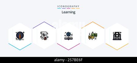 Learning 25 FilledLine icon pack including online. education. e book. chat. qa Stock Vector