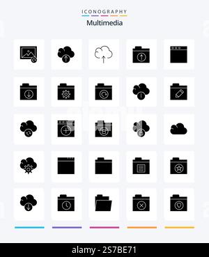 Creative Multimedia 25 Glyph Solid Black icon pack  Such As folder. control. upload. folder. download Stock Vector