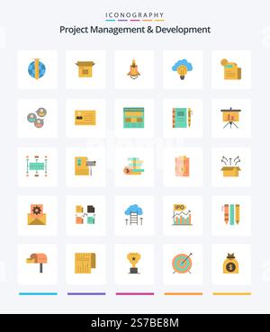 Creative Project Management And Development 25 Flat icon pack  Such As focus. light. product. idea. marketing Stock Vector