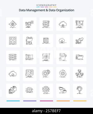 Creative Data Management And Data Organization 25 OutLine icon pack  Such As document. cloud. cv. data. rack Stock Vector