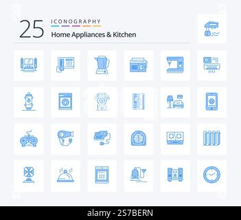 Home Appliances And Kitchen 25 Blue Color icon pack including electric. media. blender. audio. radio Stock Vector