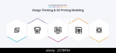 Design Thinking And D Printing Modeling 25 Line icon pack including object. globe. computer. web. brower Stock Vector