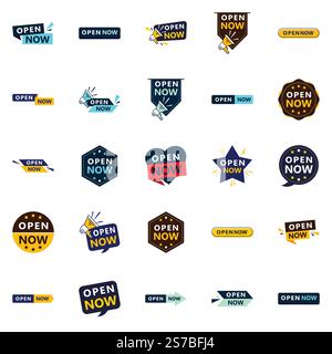 Open now graphics pack 25 fully editable designs included Stock Vector