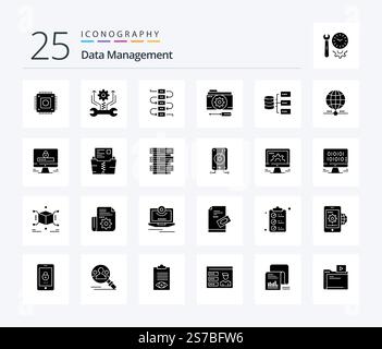Data Management 25 Solid Glyph icon pack including options . configuration . setting . note Stock Vector