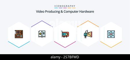 Video Producing And Computer Hardware 25 FilledLine icon pack including music. device. instruction. blaster. computer Stock Vector