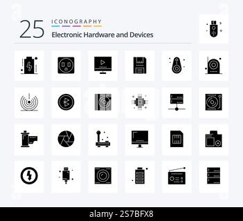 Devices 25 Solid Glyph icon pack including devices. products. technology. floppy. disc Stock Vector