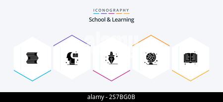 School And Learning 25 Glyph icon pack including . education. pen. read. globe Stock Vector