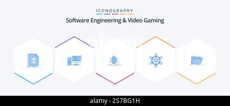 Software Engineering And Video Gaming 25 Blue icon pack including game. cooperation. pc. virus. insect Stock Vector