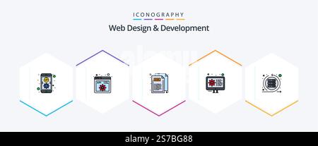 Web Design And Development 25 FilledLine icon pack including iteration. settings. code. gear. coding Stock Vector