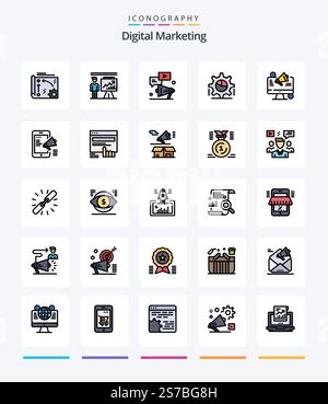 Creative Digital Marketing 25 Line FIlled icon pack  Such As pie graph. cog. businessman. marketing. youtube Stock Vector