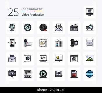 Video Production 25 Line Filled icon pack including newsletter. email document. email. peripheral device Stock Vector