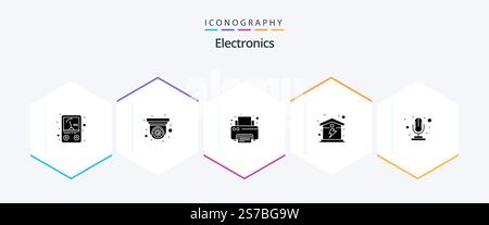 Electronics 25 Glyph icon pack including record. mic. print. energy. home Stock Vector