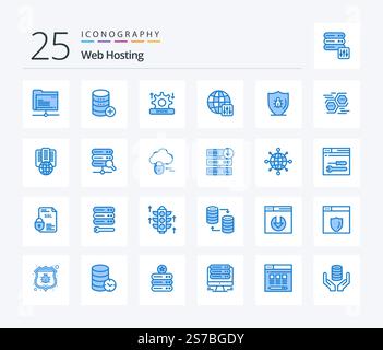 Web Hosting 25 Blue Color icon pack including programing. server settings. add. configuration. setting Stock Vector