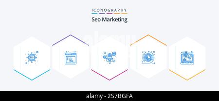 Seo Marketing 25 Blue icon pack including seo. marketing. microphone. internet. remarketing Stock Vector