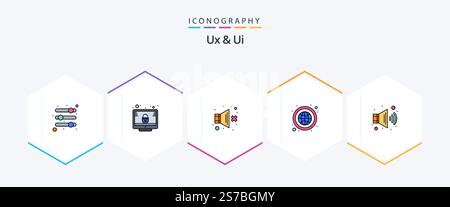 Ux And Ui 25 FilledLine icon pack including speaker. globe. mute. network. earth Stock Vector