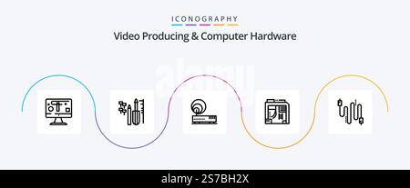 Video Producing And Computer Hardware Line 5 Icon Pack Including cable. computer. connection. case. atx Stock Vector