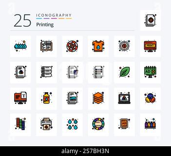 Printing 25 Line Filled icon pack including archery arrow. print. color catalog. design. brand Stock Vector