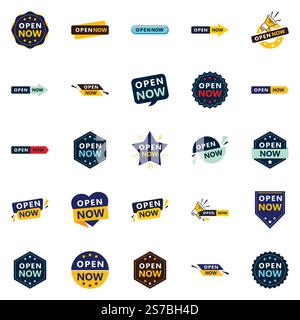 Open now graphics pack 25 fully editable designs included Stock Vector