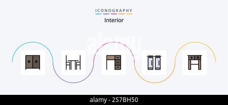 Interior Line Filled Flat 5 Icon Pack Including drawer. interior. desk. curtains. work Stock Vector