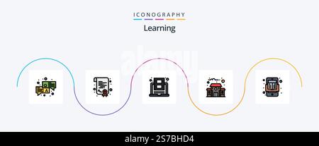 Learning Line Filled Flat 5 Icon Pack Including online. book. learning. school. building Stock Vector