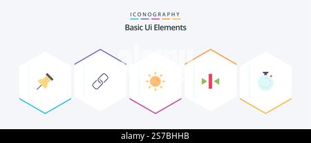 Basic Ui Elements 25 Flat icon pack including stopwatch. camposs. light. media. pause Stock Vector