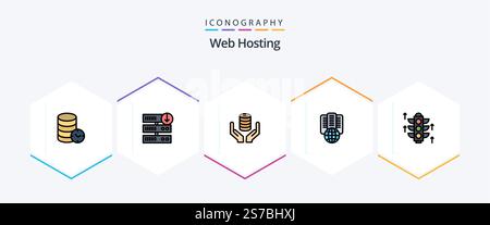 Web Hosting 25 FilledLine icon pack including server. internet. server download. hosting. secure Stock Vector