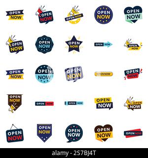Open now graphics pack 25 customizable designs included Stock Vector