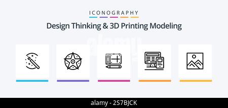 Design Thinking And D Printing Modeling Line 5 Icon Pack Including education. calculatre. brusher. education. computer. Creative Icons Design Stock Vector