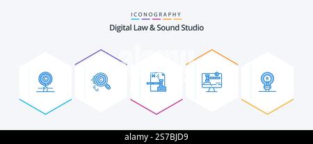Digital Law And Sound Studio 25 Blue icon pack including idea. concept. dmca. -brand. digital Stock Vector
