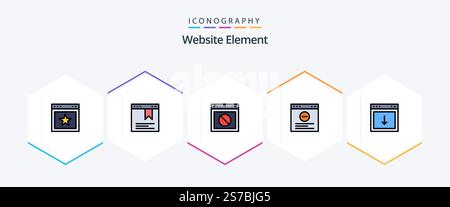 Website Element 25 FilledLine icon pack including down. app. stop. website. browser Stock Vector