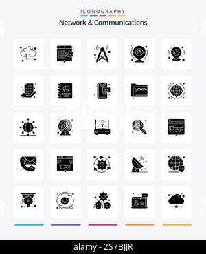 Creative Network And Communications 25 Glyph Solid Black icon pack  Such As webcam. cam. window. wifi. internet Stock Vector