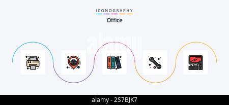 Office Line Filled Flat 5 Icon Pack Including . office. files. equipment. support Stock Vector