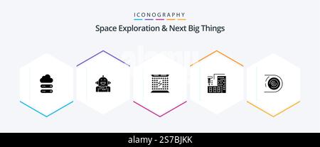 Space Exploration And Next Big Things 25 Glyph icon pack including fabrication. architecture. feeling. 3d. electromagnetic Stock Vector